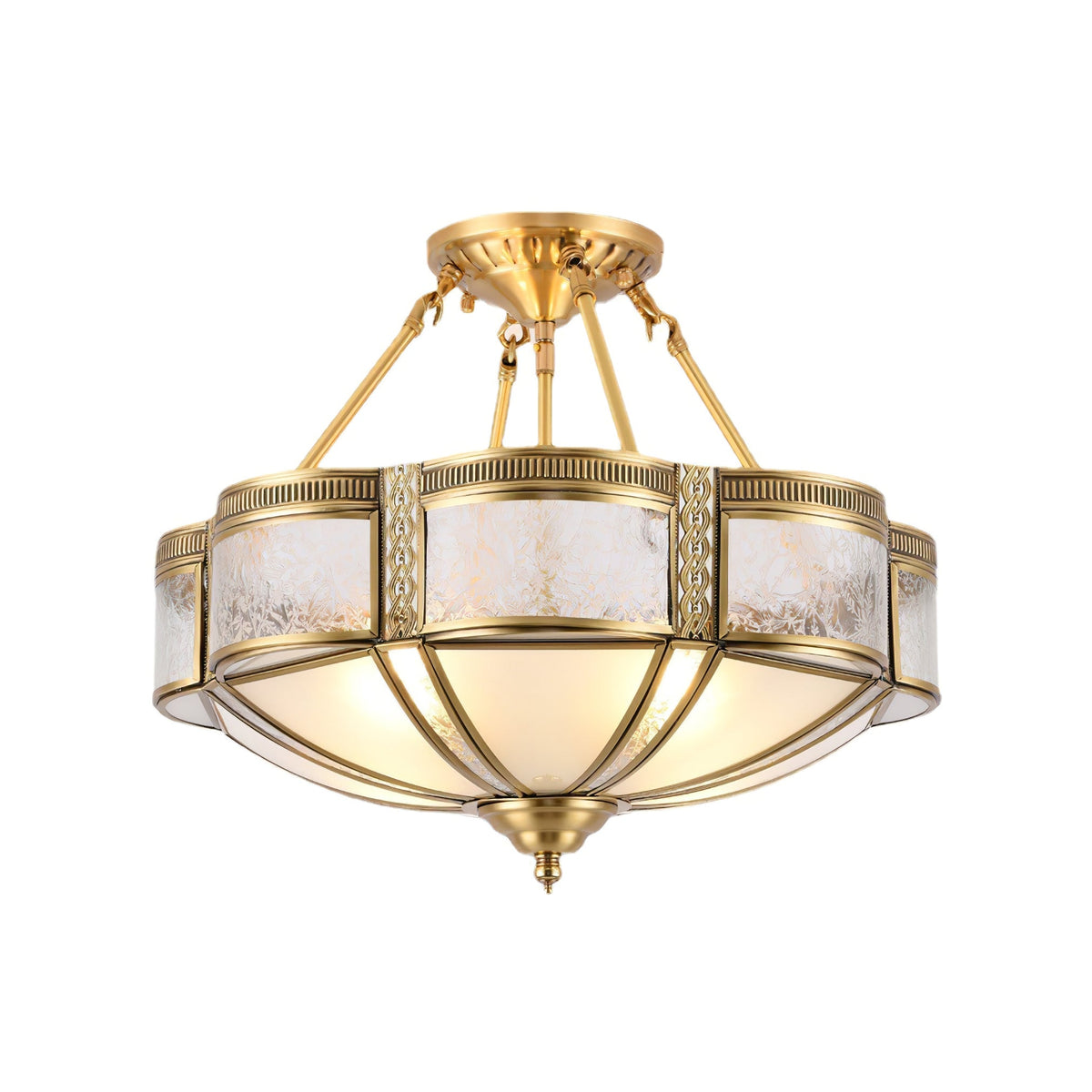 A Clérachic brass ceiling light hung on slim arms, with milk-white glass panels and a patterned brass band, on a plain white backdrop.