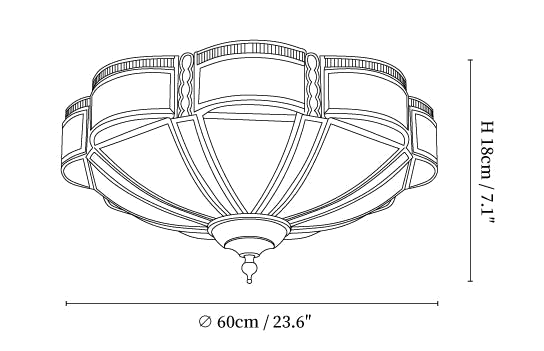 Clérachic ceiling light dimension drawing, 1 of 2, every measurement marked in centimetres and inches.