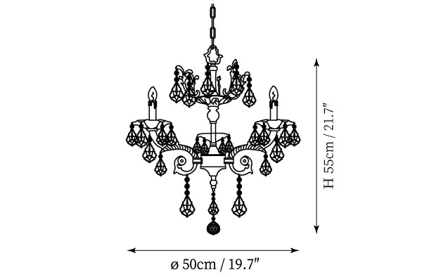 Clérachic chandelier dimension drawing, 1 of 4, every measurement marked in centimetres and inches.