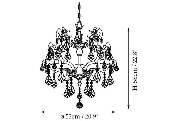 Clérachic chandelier dimension drawing, 2 of 4, every measurement marked in centimetres and inches.