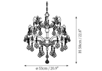 Clérachic chandelier dimension drawing, 2 of 4, every measurement marked in centimetres and inches.
