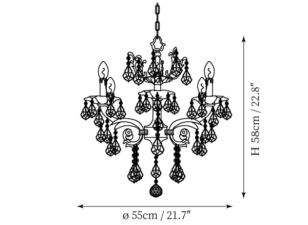 Clérachic chandelier dimension drawing, 3 of 4, every measurement marked in centimetres and inches.