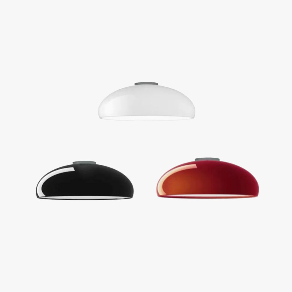 White, black, and red Clérachic vintage dome ceiling lights grouped together for a color comparison.