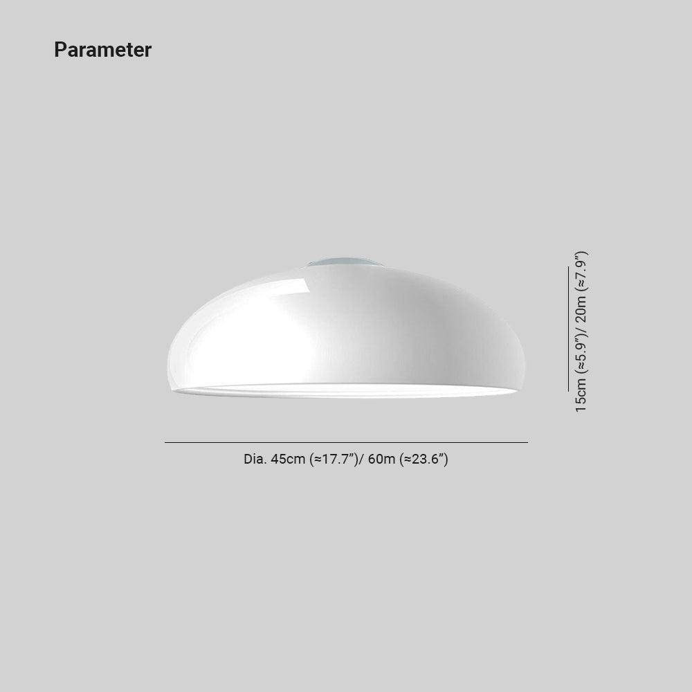 Dimension drawing for the Clérachic dome ceiling light: 45 cm / 17.7 in and 60 cm / 23.6 in wide, 15 cm / 5.9 in and 20 cm / 7.9 in high.