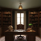 Clérachic petal ceiling light lit in a dark-panelled study, above a leather chair and a desk with a green banker's lamp.