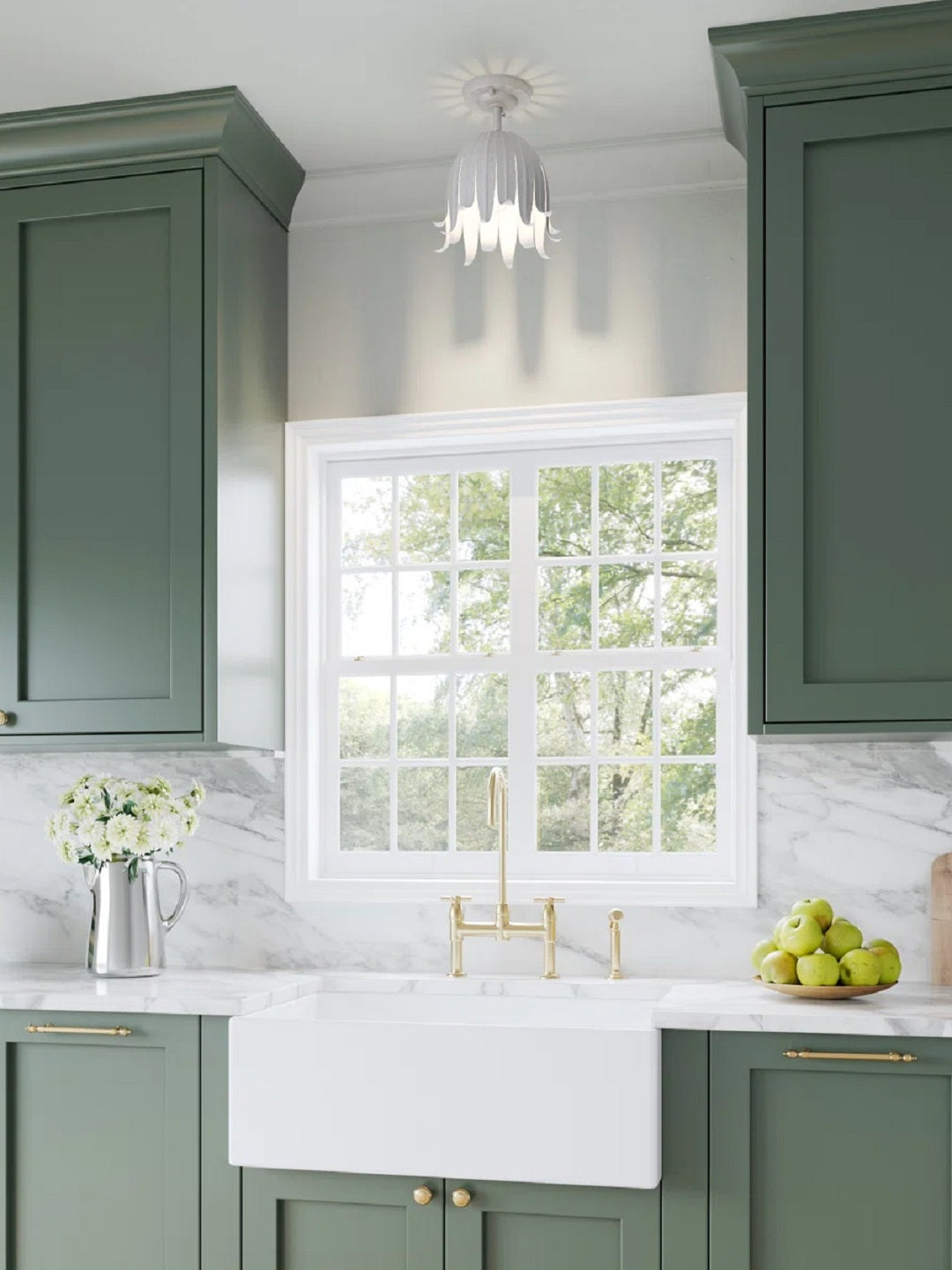 Tall crop of a green kitchen with this Clérachic white ceiling light overhead and a window with a brass tap in view.