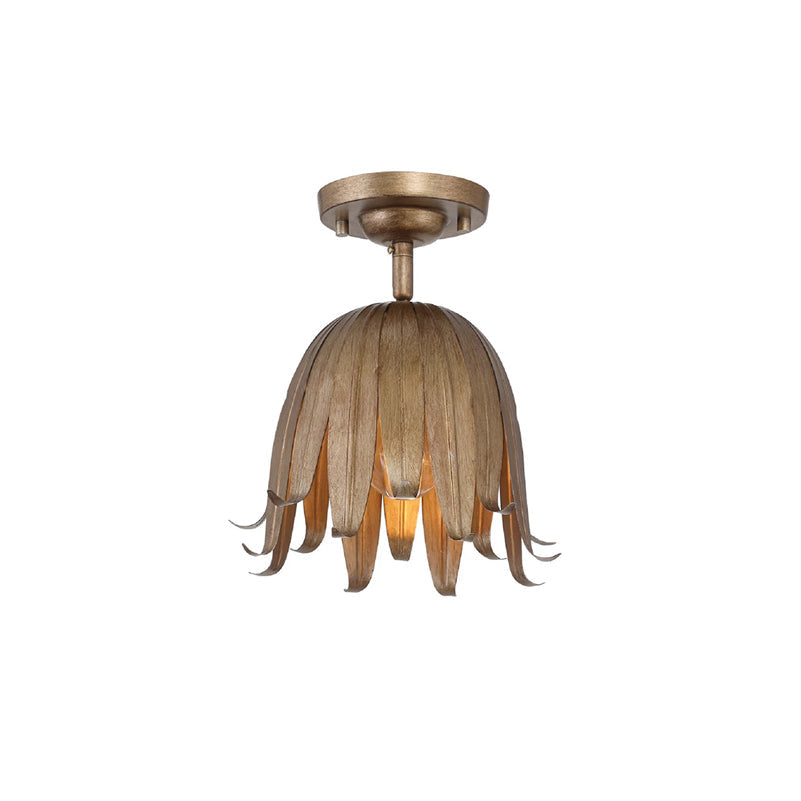 Vintage gold Clérachic ceiling light on a plain white background, its layered metal petals curling out below a round canopy.