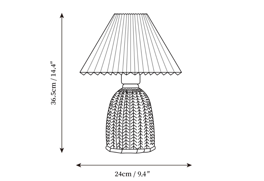 Dimension drawing of the vintage pleated table lamp, in outline against white.