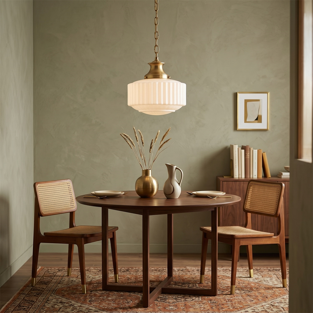 The Clérachic pendant glowing over a round walnut dining table, with cane-backed chairs and a sage-green wall behind.