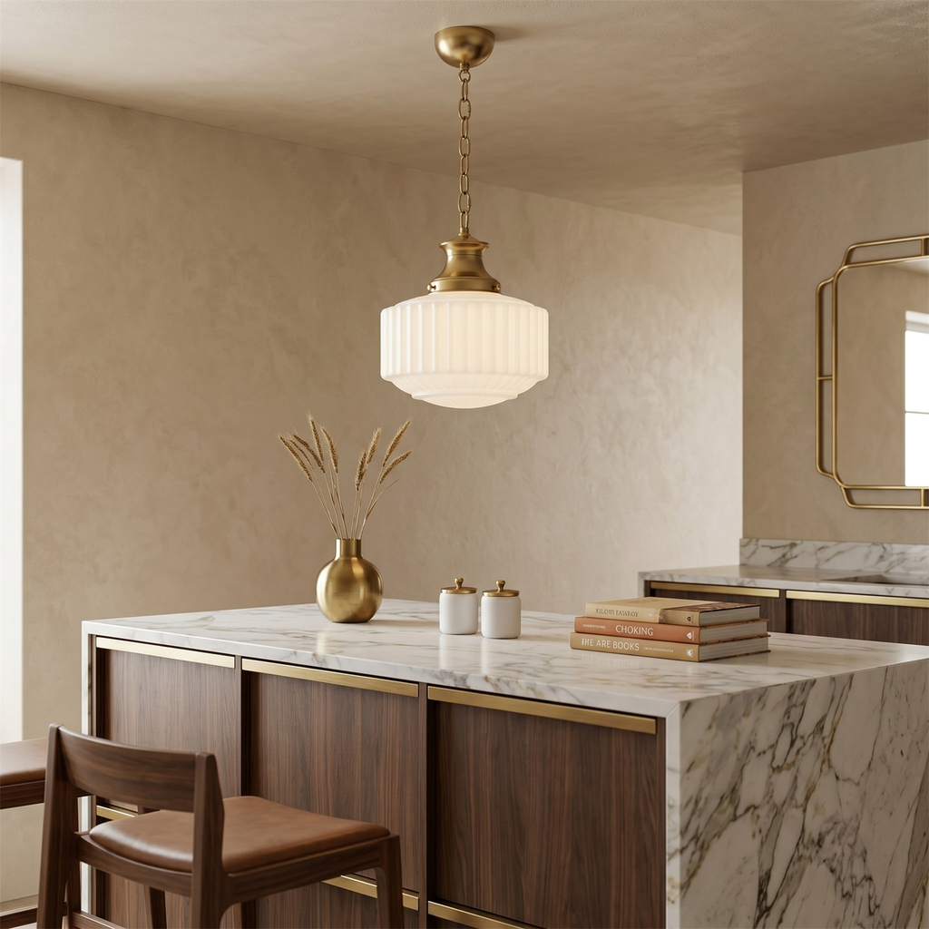 A Clérachic pendant with ribbed glass shade hanging above a marble-topped kitchen island with dark wood panels and brass trim.