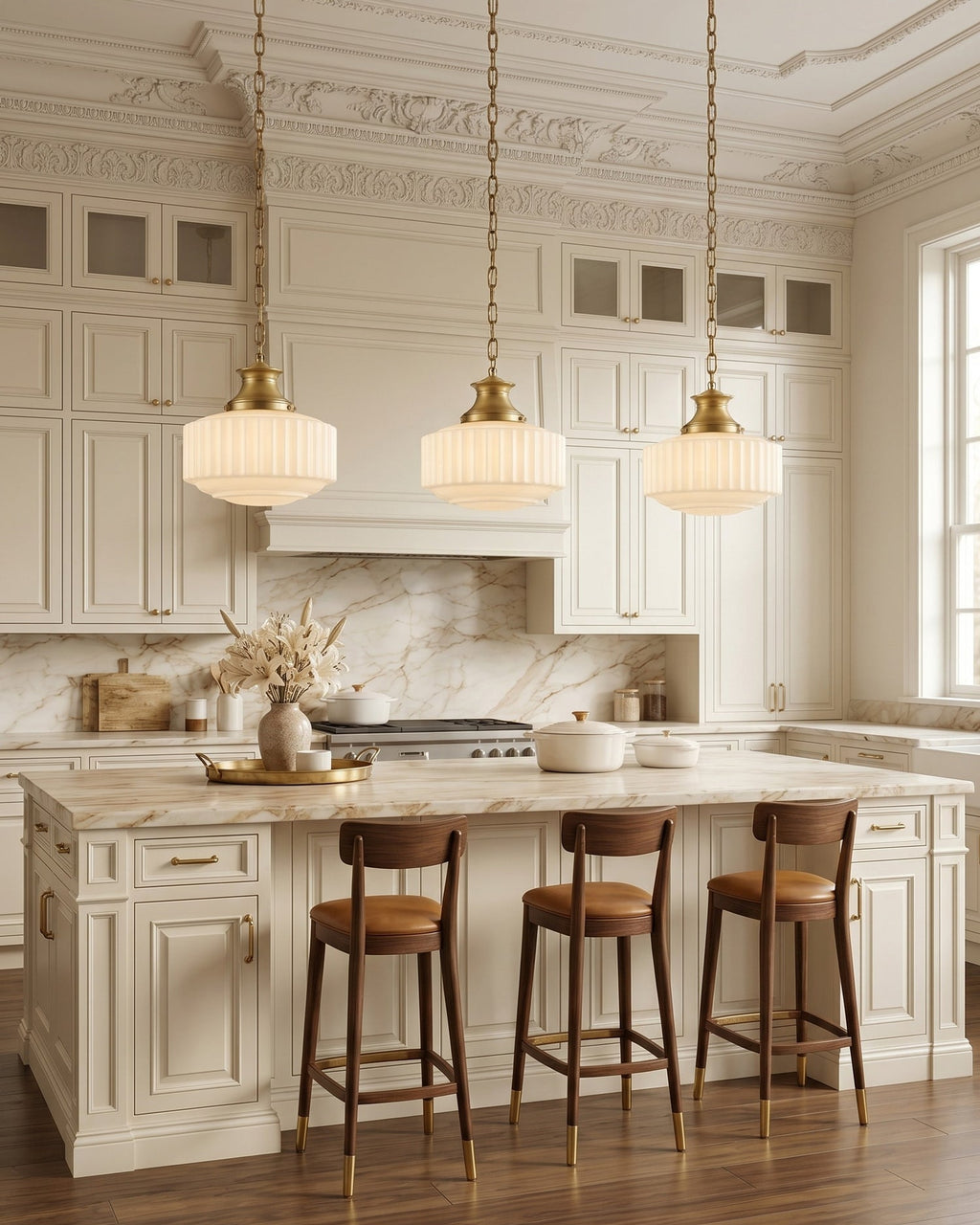 Three Clérachic ribbed glass pendants in a row above a cream kitchen island with marble splashback and leather bar stools.