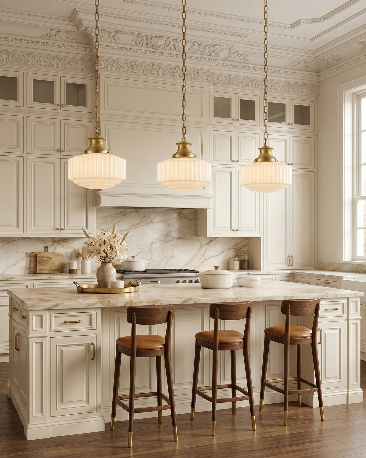 Three Clérachic ribbed glass pendants in a row above a cream kitchen island with marble splashback and leather bar stools.