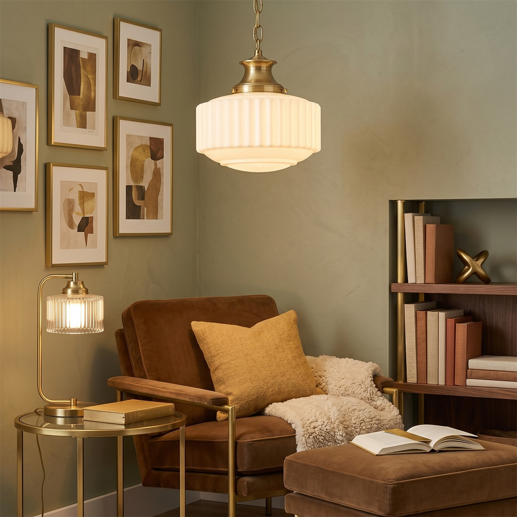 A lit Clérachic pendant with brass fittings hangs over a reading corner with a rust-brown armchair and framed art on a green wall.