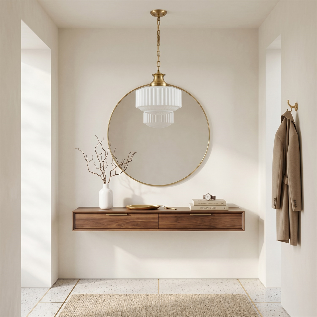 A Clérachic ribbed glass pendant hangs in a pale entryway in front of a round mirror, above a floating walnut shelf.