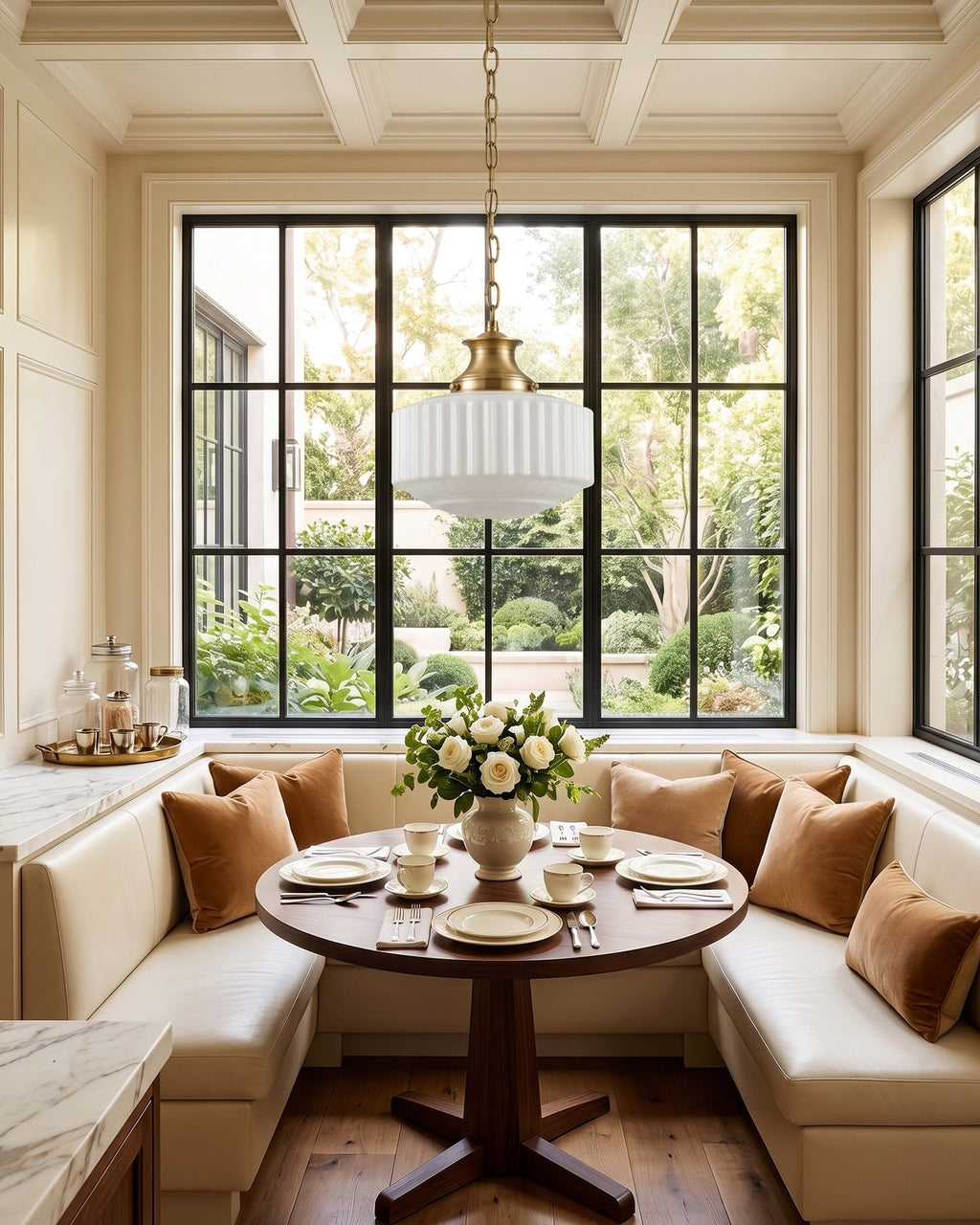 A Clérachic pendant with a brass chain hangs in front of a black-framed window above a round table in a cushioned breakfast nook.