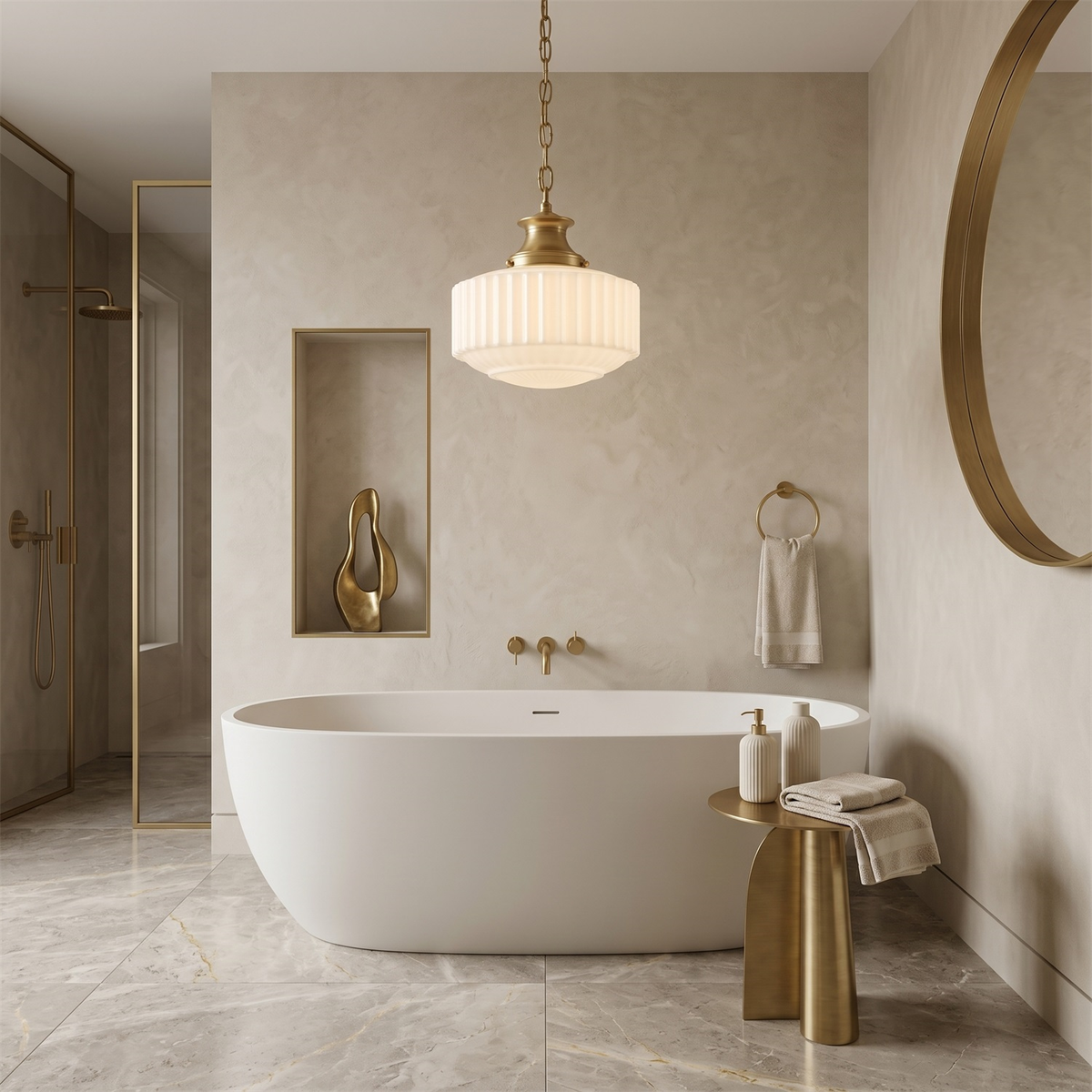 A warmly lit Clérachic pendant hangs in a stone-toned bathroom beside a freestanding white bath and brass fittings.