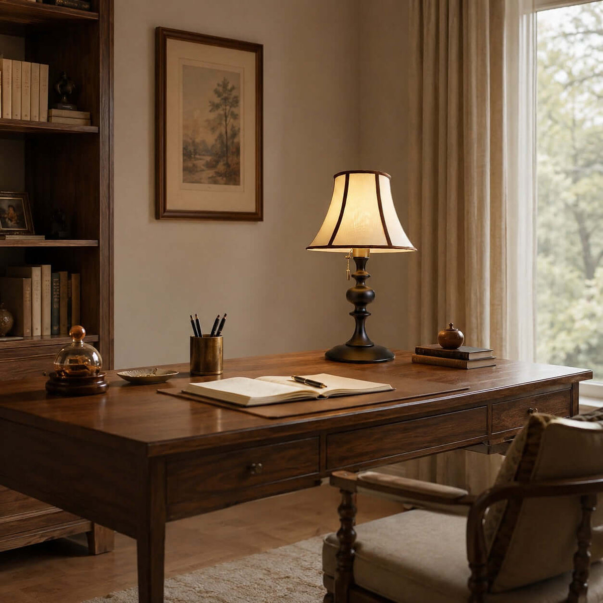 Distant view of the black-base Clérachic lamp on a wooden desk, with a pen pot, an open notebook and framed art on the wall.