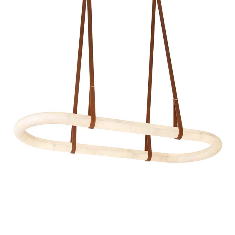 The Clérachic Vista ring shown unlit from a low angle, the stitched faux-leather hangers splaying wide above the stone.