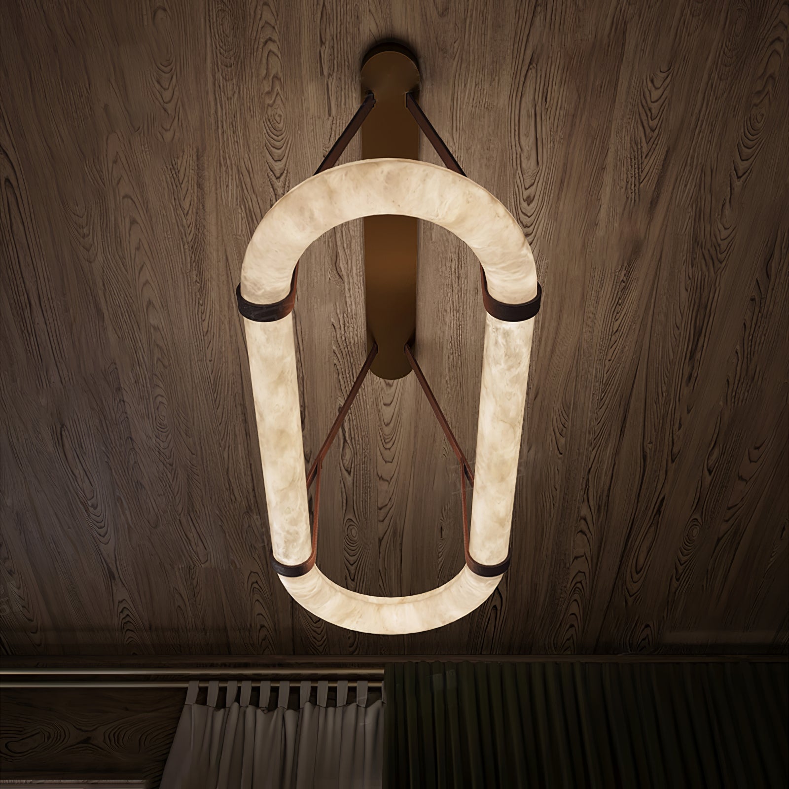 The Clérachic Vista turned vertical against a dark timber ceiling, the alabaster arch glowing above the room.