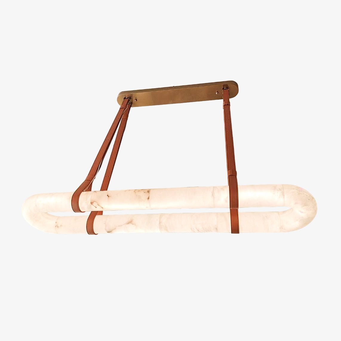 The Clérachic Vista shown side-on, a bronze ceiling bar carrying tan straps down to the alabaster ring.