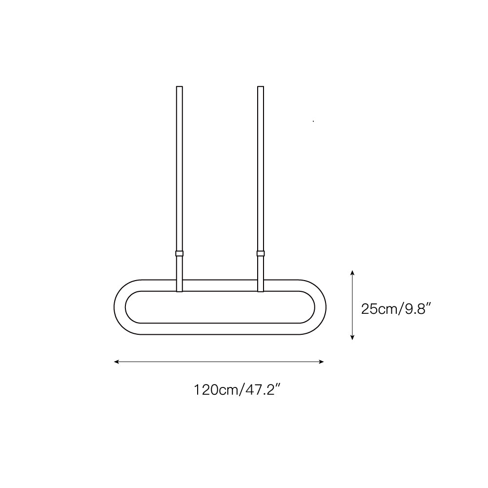 Clérachic Vista scale drawing at 120cm/47.2″ long by 25cm/9.8″ across, straps rising to the ceiling plate.