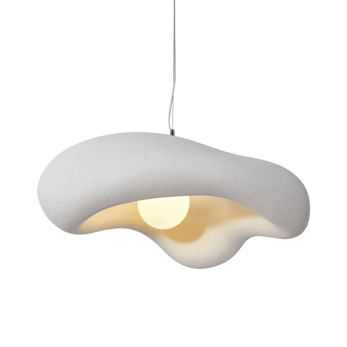 White Clérachic pendant with a rough-textured wavy shade on a plain white backdrop, its bulb glowing in the warm inner surface.