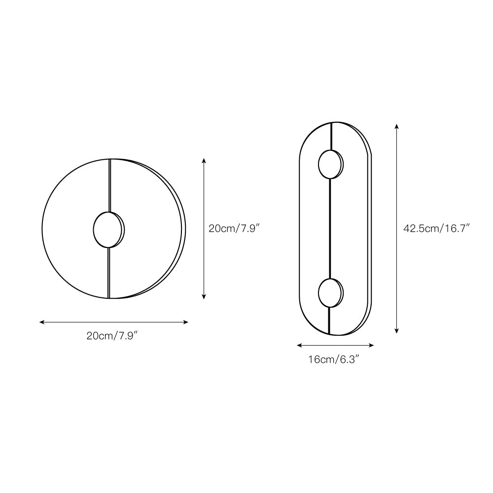 Clérachic dimension drawing: the round shade measures 20cm/7.9in across, the tall one 42.5cm/16.7in by 16cm/6.3in.