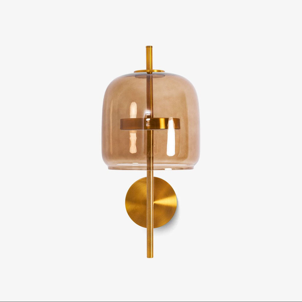 Gold & Coffee version of this Clérachic wall light: a coffee-tinted glass shade on a slim gold stem with a round gold backplate, on white.
