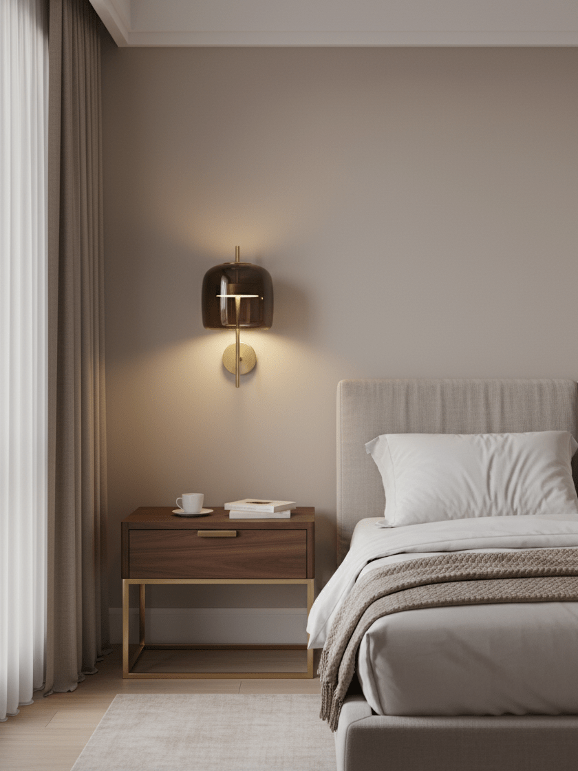 Smoke grey glass shade and gold backplate on this Clérachic wall light, mounted above a walnut bedside table in a taupe bedroom.