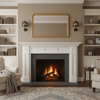 Two black-framed Clérachic wall lights with smoke grey glass shades flank a gold-framed mirror above a white fireplace with a lit fire.