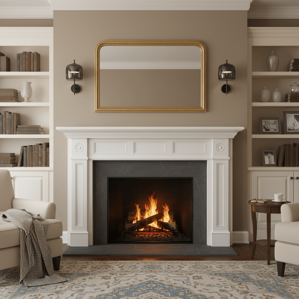 Two black-framed Clérachic wall lights with smoke grey glass shades flank a gold-framed mirror above a white fireplace with a lit fire.