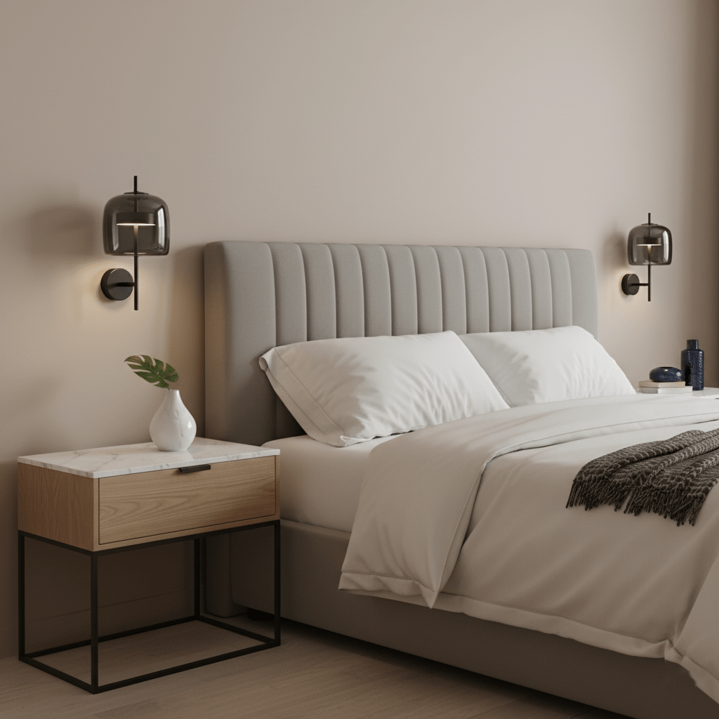 Black and smoke grey Clérachic wall lights sit either side of a grey upholstered bed, with a white marble-top bedside table below.