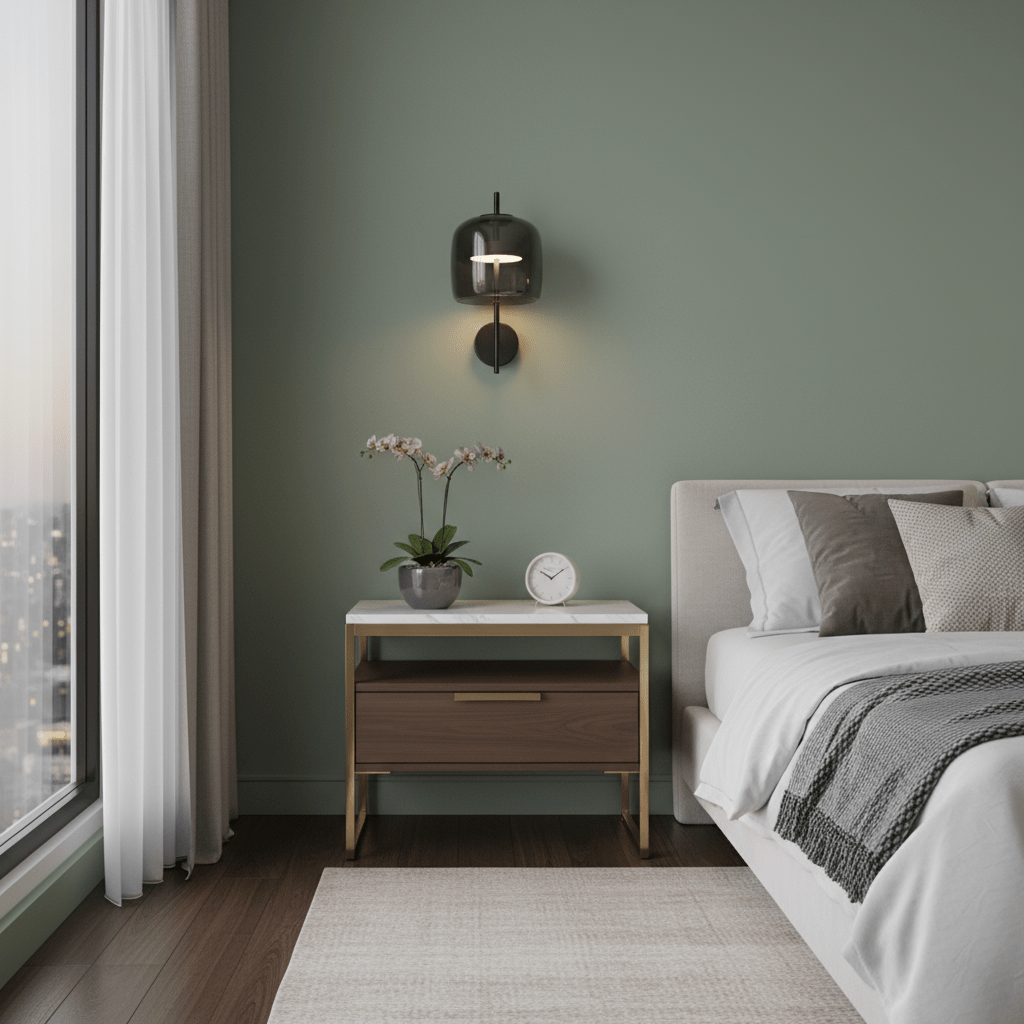 This Clérachic wall light, in black with a smoke grey glass shade, hangs on a sage-green wall above a bedside table with an orchid.