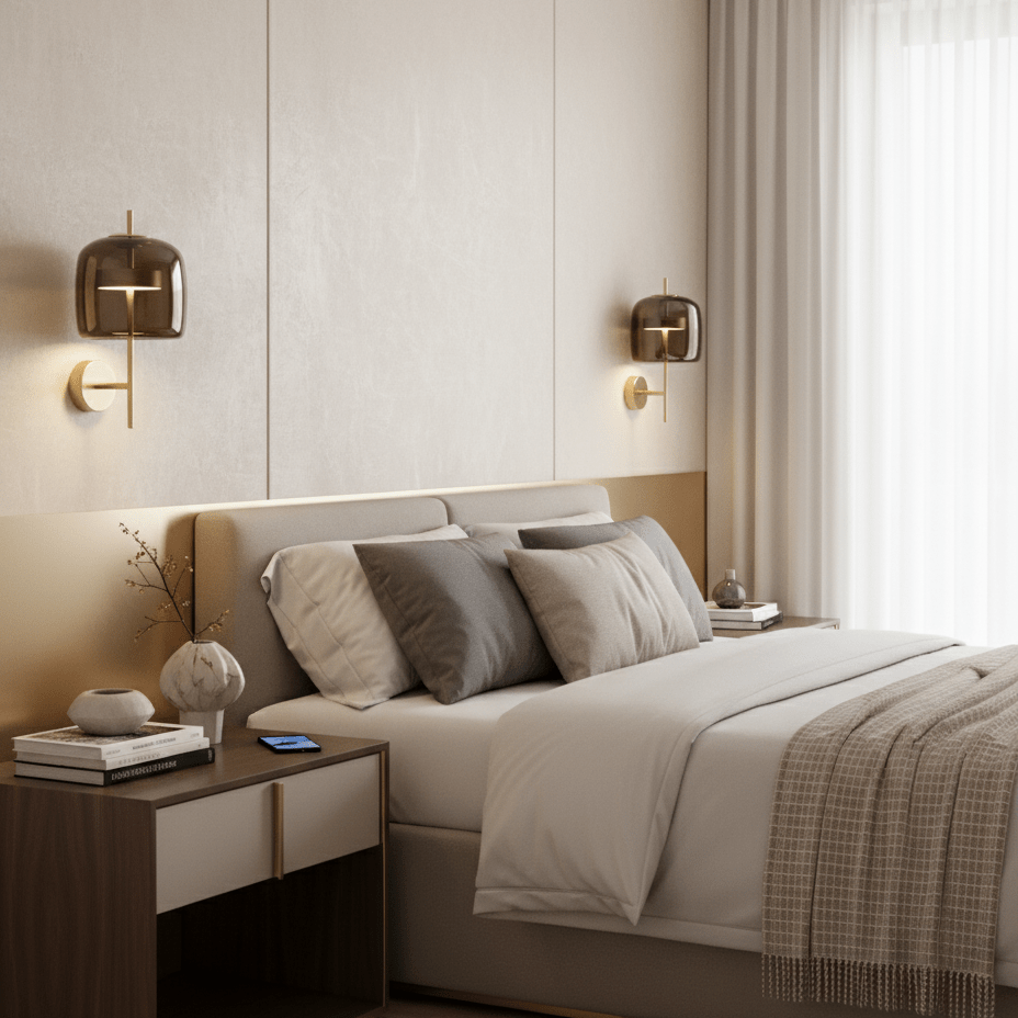 A pair of Clérachic wall lights with smoke grey glass shades and gold arms frame a cream headboard in a softly lit bedroom.