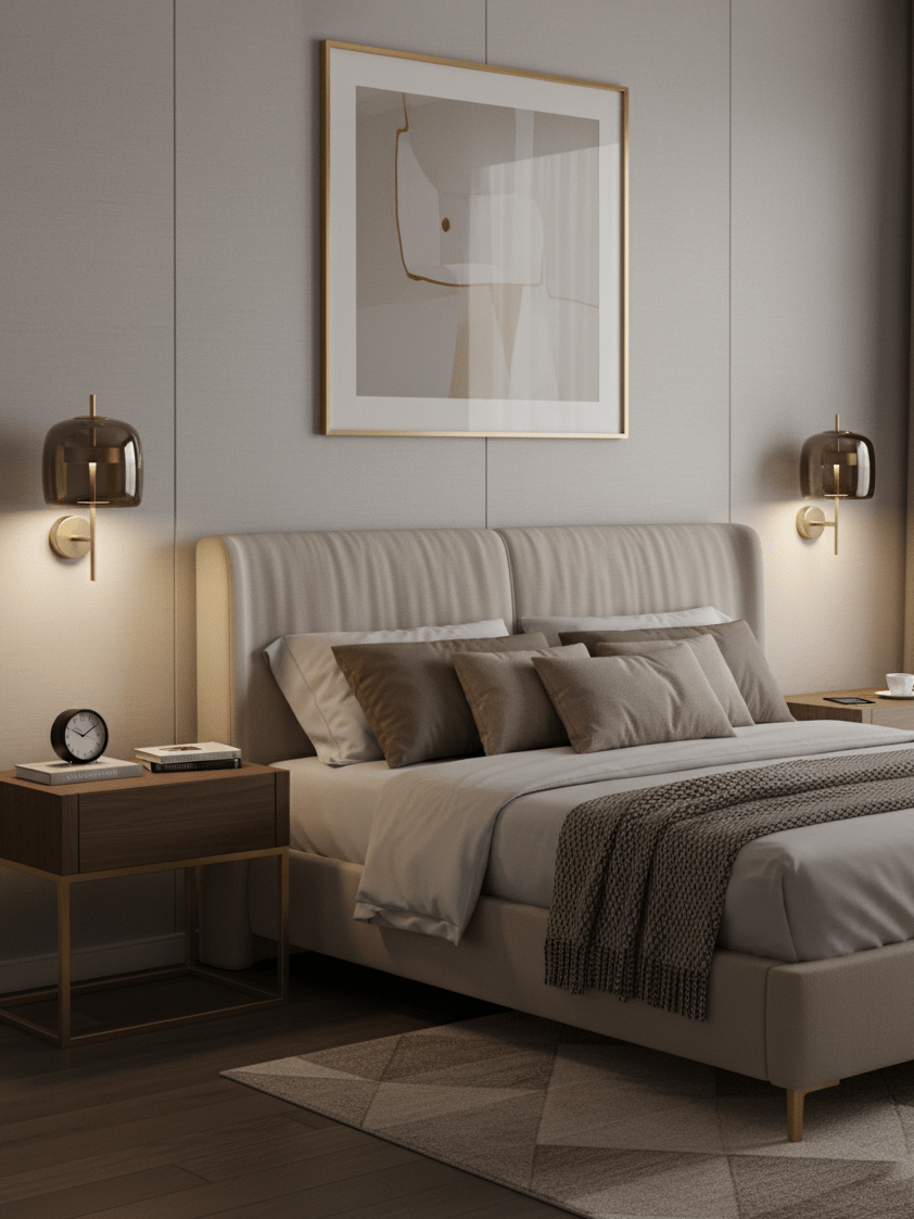 Gold-framed Clérachic wall lights with smoke grey shades flank a quilted bed under a framed abstract print.