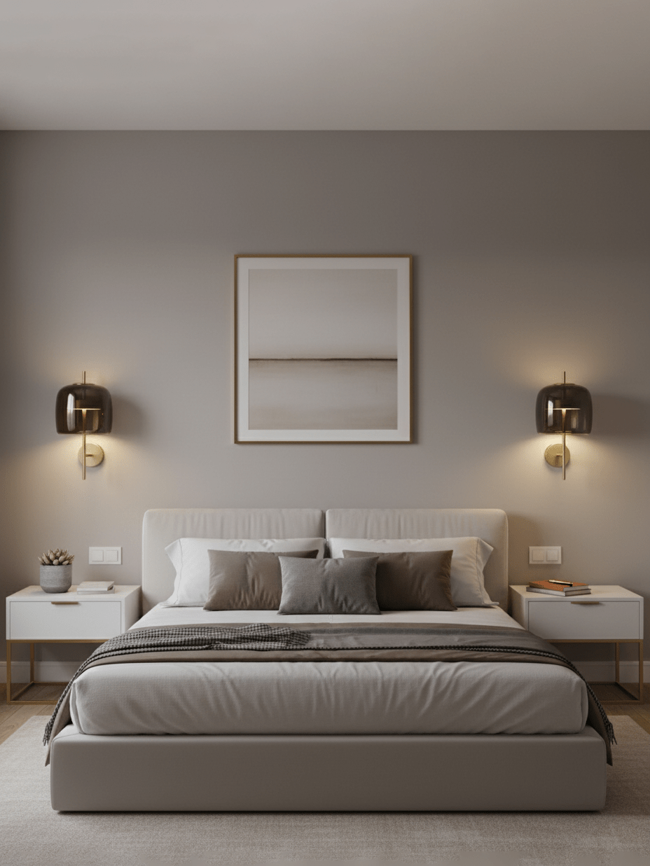 Two black Clérachic wall lights with smoke grey shades glow above white bedside tables, either side of a framed print and a bed.