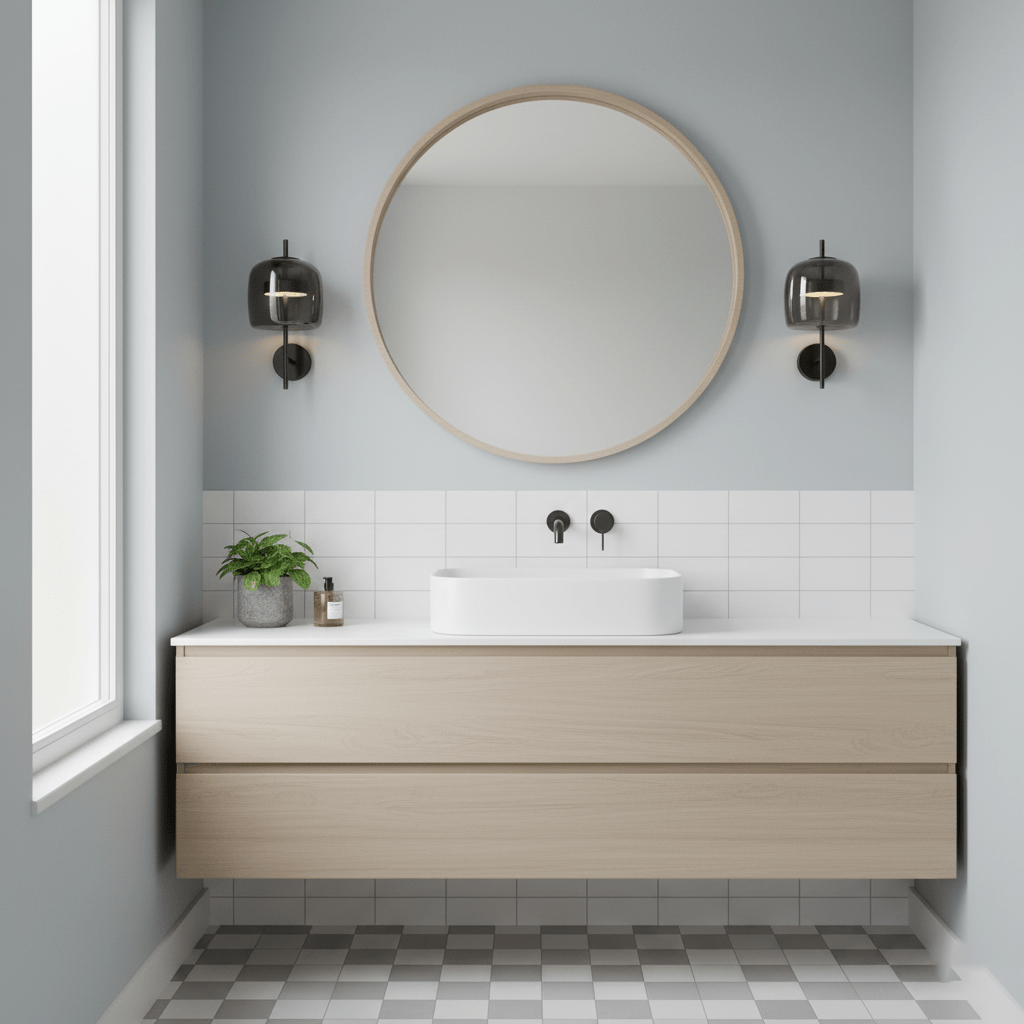 A pair of black Clérachic wall lights with smoke grey glass shades flank a round mirror above a pale oak vanity and a white basin.