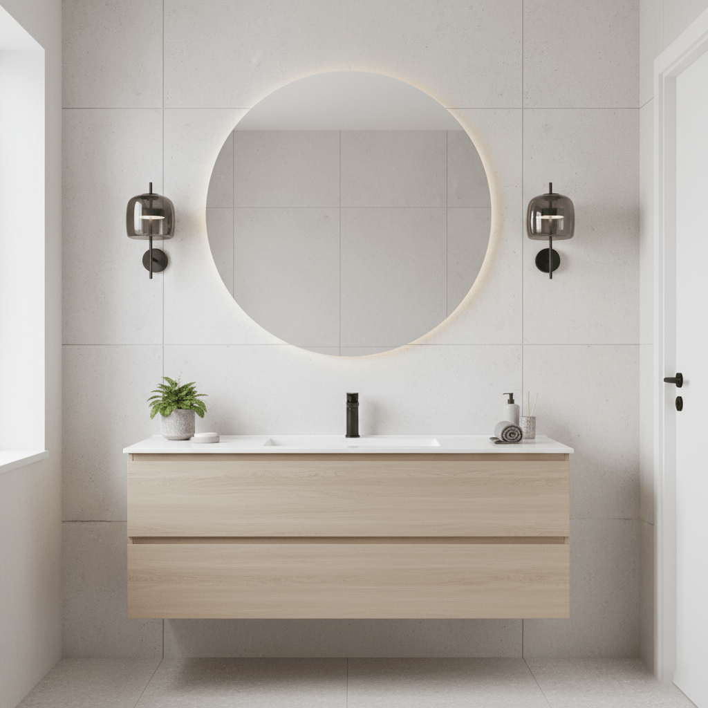 Black-framed Clérachic wall lights with smoke grey shades sit either side of a round backlit mirror above a wall-hung oak vanity.
