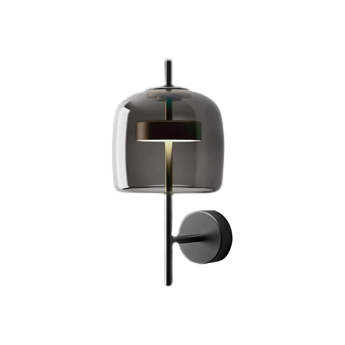 Black version of this Clérachic wall light, with a smoke grey glass shade, a black stem and a round black backplate, on white.
