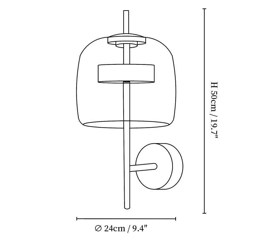 Dimension drawing of this Clérachic wall light, with its height of 50 cm (19.7″) and 24 cm (9.4″) width marked.