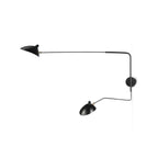 Clérachic two-head wall light on a plain white backdrop, its long black arms ending in cone shades with brass joints.