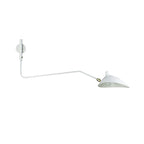 White Clérachic one-head wall light with a long curved arm and a brass joint, seen on a plain white backdrop.