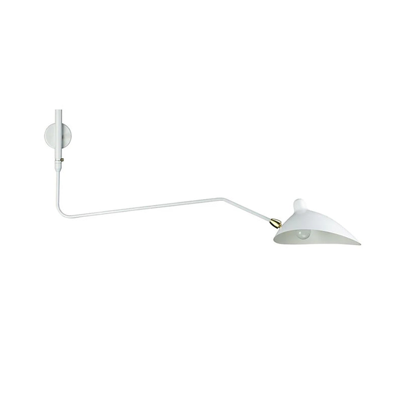 White Clérachic one-head wall light with a long curved arm and a brass joint, seen on a plain white backdrop.