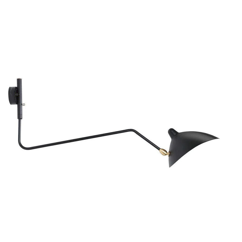 Black Clérachic one-head wall light with a long curved arm and a brass joint, seen on a plain white backdrop.