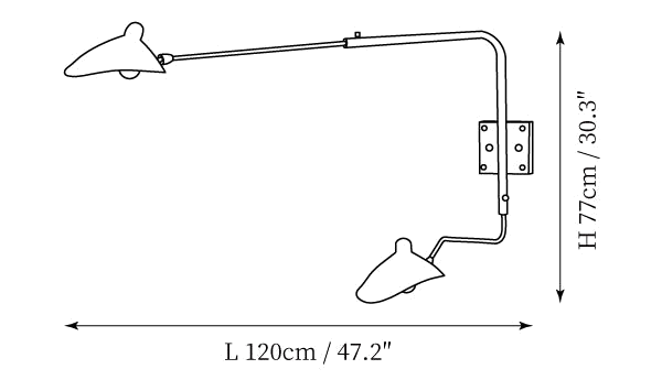 Clérachic wall light dimension drawing, 4 of 5, every measurement marked in centimetres and inches.