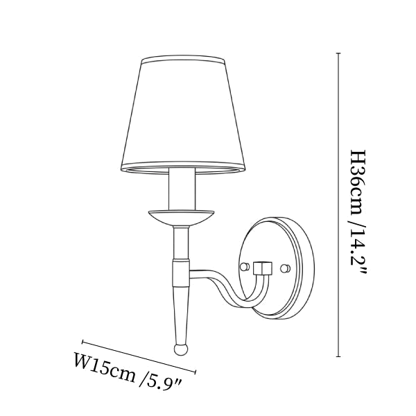 Clérachic wall light dimension drawing, every measurement marked in centimetres and inches.