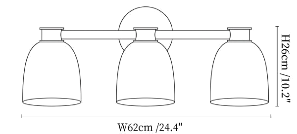 Clérachic wall light dimension drawing, every measurement marked in centimetres and inches.