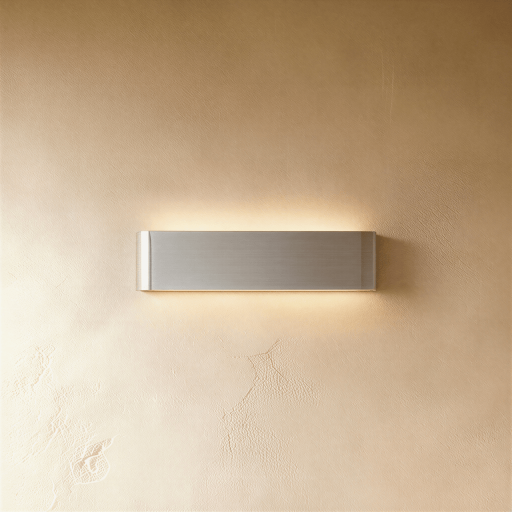 Clérachic slim brushed silver aluminium wall light with rounded ends, lit above and below against warm plaster.