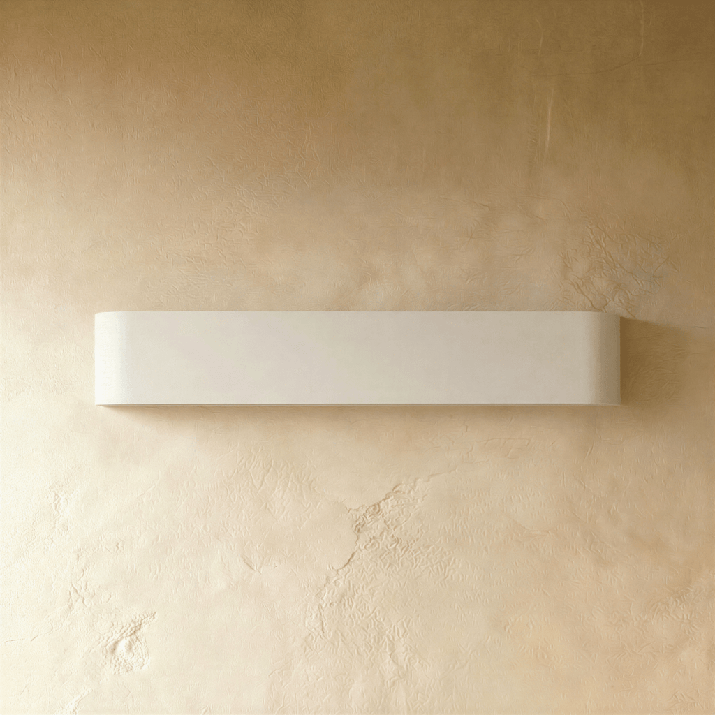Clérachic long white aluminium wall light switched off, its smooth matte finish and rounded ends against warm plaster.