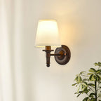 Close view of the straight-arm Clérachic wall light lit warm on a cream wall, with the leaves of a plant at the lower right.